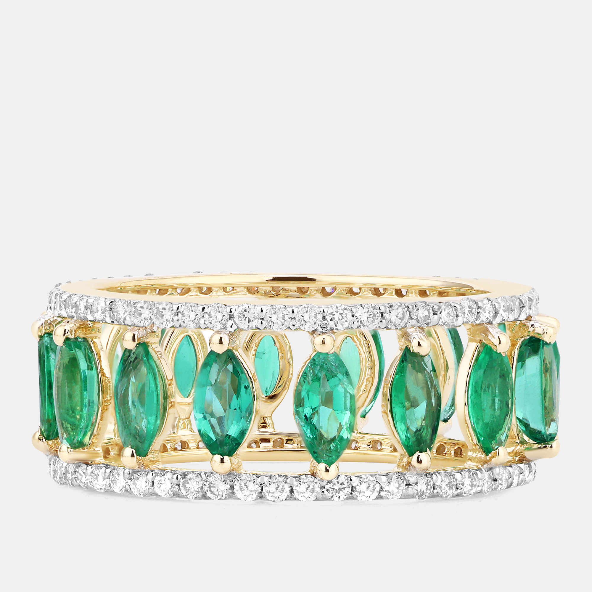 2.15 cts Emerald and Diamond 14K Yellow Gold Eternity Band Ring US Size 7, Rings - Luxury Closet