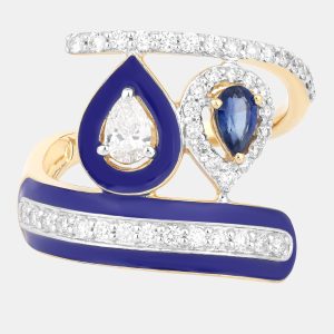 0.29 cts Blue Sapphire and Diamond 14K Yellow Gold Bypass Ring US Size 7, Rings - Luxury Closet
