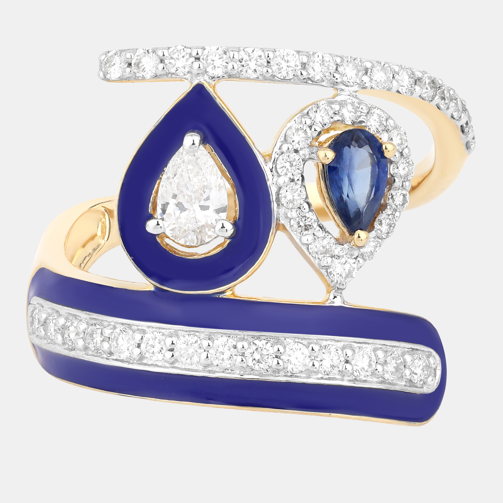 0.29 cts Blue Sapphire and Diamond 14K Yellow Gold Bypass Ring US Size 7, Rings - Luxury Closet