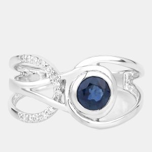 0.68 cts Blue Sapphire and Diamond 14K White Gold Crossover Ring US Size 7, Rings - Luxury Closet