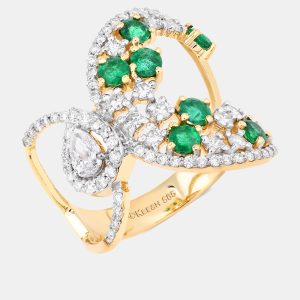 0.74 cts Emerald and Diamond 14K Yellow Gold Infinity Ring US Size 7, Rings - Luxury Closet