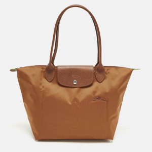 Longchamp Le Pliage Long Handle M Brown Leather and Nylon Tote, Tote Handbags - Luxury Closet