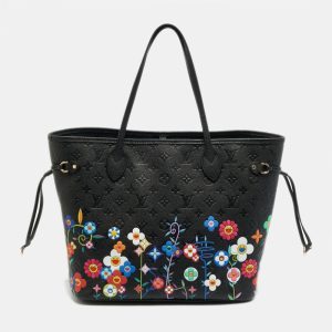 Louis Vuitton x Takashi Murakami Neverfull MM Black Monogram Empreinte Leather Tote, Tote Handbags - Luxury Closet