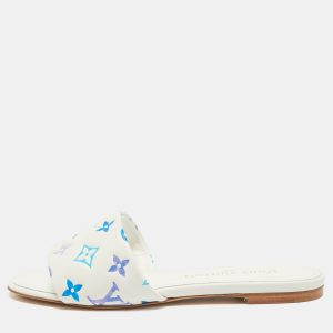 Louis Vuitton Revival Size 39 White/Blue Monogram Leather Flat Slide, Sandals - Luxury Closet