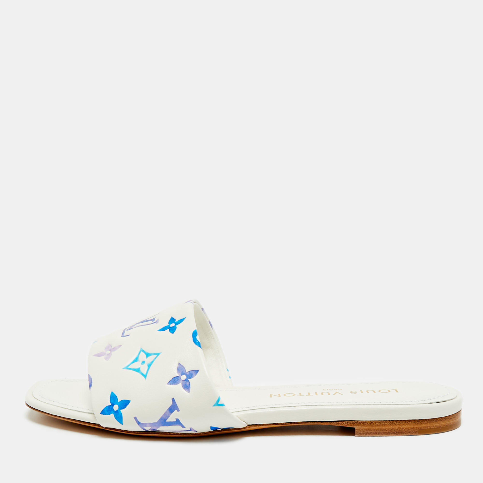 Louis Vuitton Revival Size 38 White/Blue Monogram Leather Flat Slide, Sandals - Luxury Closet