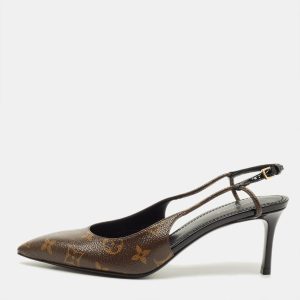 Louis Vuitton Ch&eacute;rie Size 39 Brown/Black Monogram Canvas and Patent Leather Slingback Pumps, Pumps - Luxury Closet
