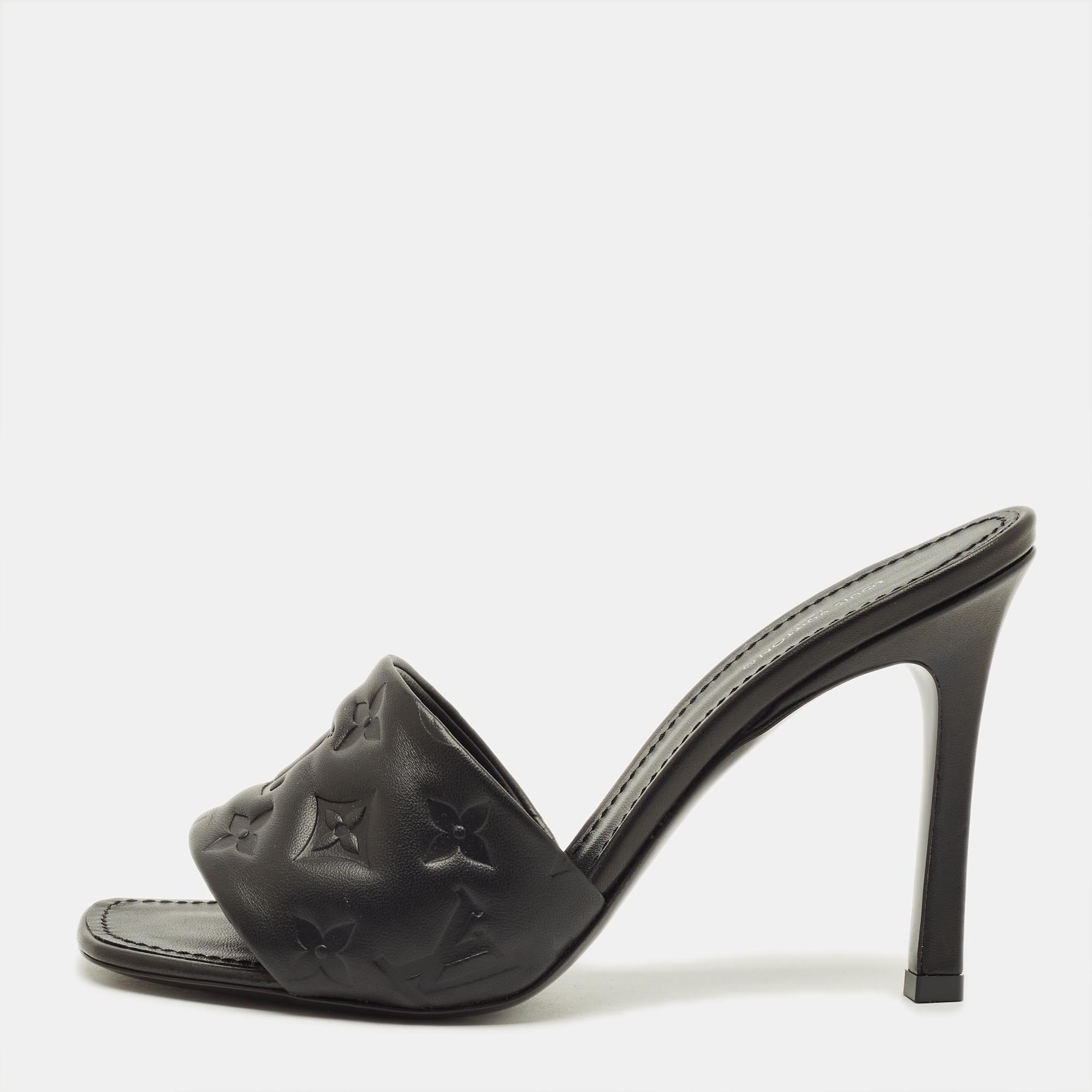Louis Vuitton Revival Size 39 Black Monogram Embossed Leather Slide Sandals, Sandals - Luxury Closet