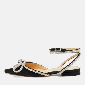 Mach & Mach Black Satin Double Bow Crystal Embellished Ankle Wrap Flat Sandals Size 41, Sandals - Luxury Closet