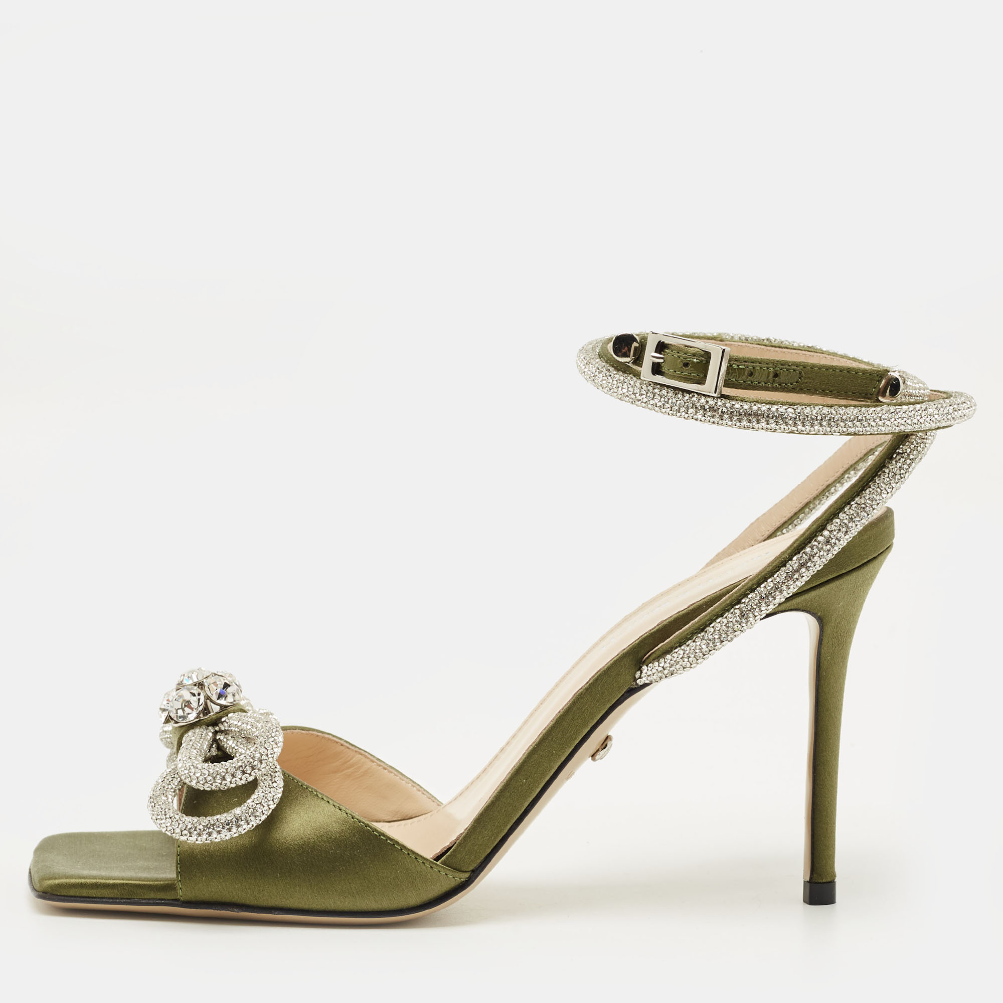 Mach & Mach Double Bow Size 39 Khaki Satin Ankle Strap Sandals, Sandals - Luxury Closet