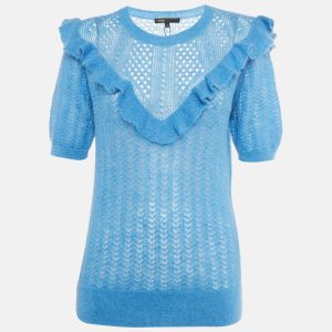 Maje Blue Mohair Wool Open Knit Ruffled Top L, Shirts & Tops - Luxury Closet