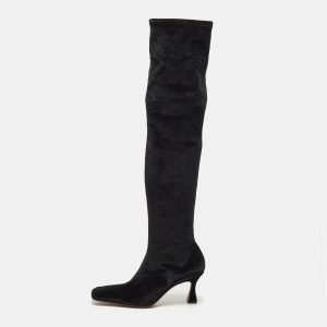 Manudieci Size 40 Black Velvet Knee Length Boots, Boots - Luxury Closet