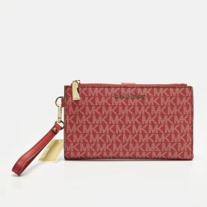 Michael Kors Jet Set Double Zip Red Signature Coated Canvas Wristlet Wallet, Wallets & Money Clips - Luxury Closet