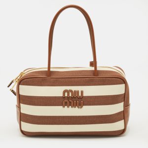 Miu Miu Beau Brown/Off White Stripe Canvas and Leather Satchel, Satchels - Luxury Closet