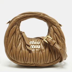 Miu Miu Wander Micro Brown Matelass&eacute; Leather Hobo, Shoulder Bags - Luxury Closet