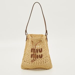 Miu Miu Brown/Natural Woven Raffia Mini Bucket Bag, Handbags - Luxury Closet