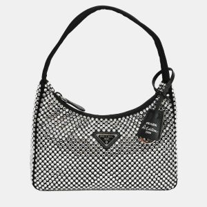 Prada Black Satin Crystal Re-Edition Mini Shoulder Bag, Handbags - Luxury Closet