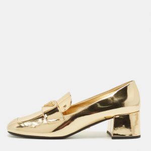 Prada Size 38 Gold Leather Loafer Pumps, Pumps - Luxury Closet