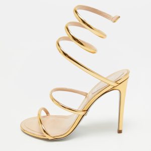 Ren&eacute; Caovilla Cleo Size 37 Gold Foil Leather Ankle Wrap Sandals, Sandals - Luxury Closet