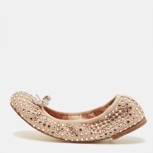 Ren&eacute; Caovilla Size 38 Beige Leather Rhinestone Embellished Scrunch Ballet Flats, Flats - Luxury Closet