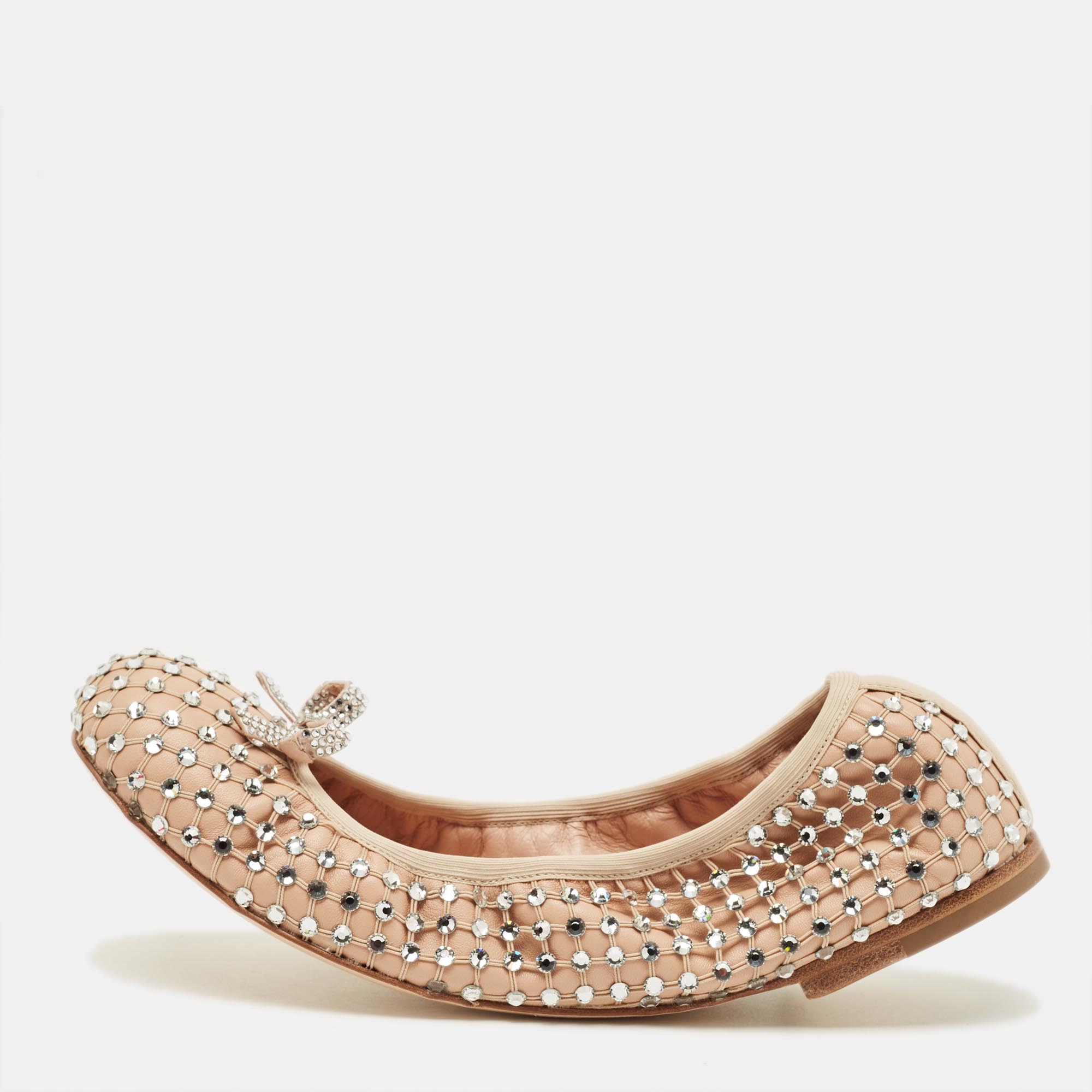 René Caovilla Size 38 Beige Leather Rhinestone Embellished Scrunch Ballet Flats, Flats - Luxury Closet