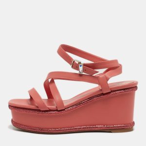 Ren&eacute; Caovilla Size 37 Pink Leather Wedge Sandals, Sandals - Luxury Closet