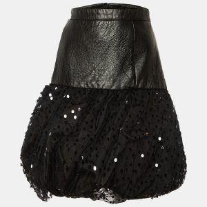 Saint Laurent Black Leather & Sequin Tulle Mini Skirt L, Skirts - Luxury Closet