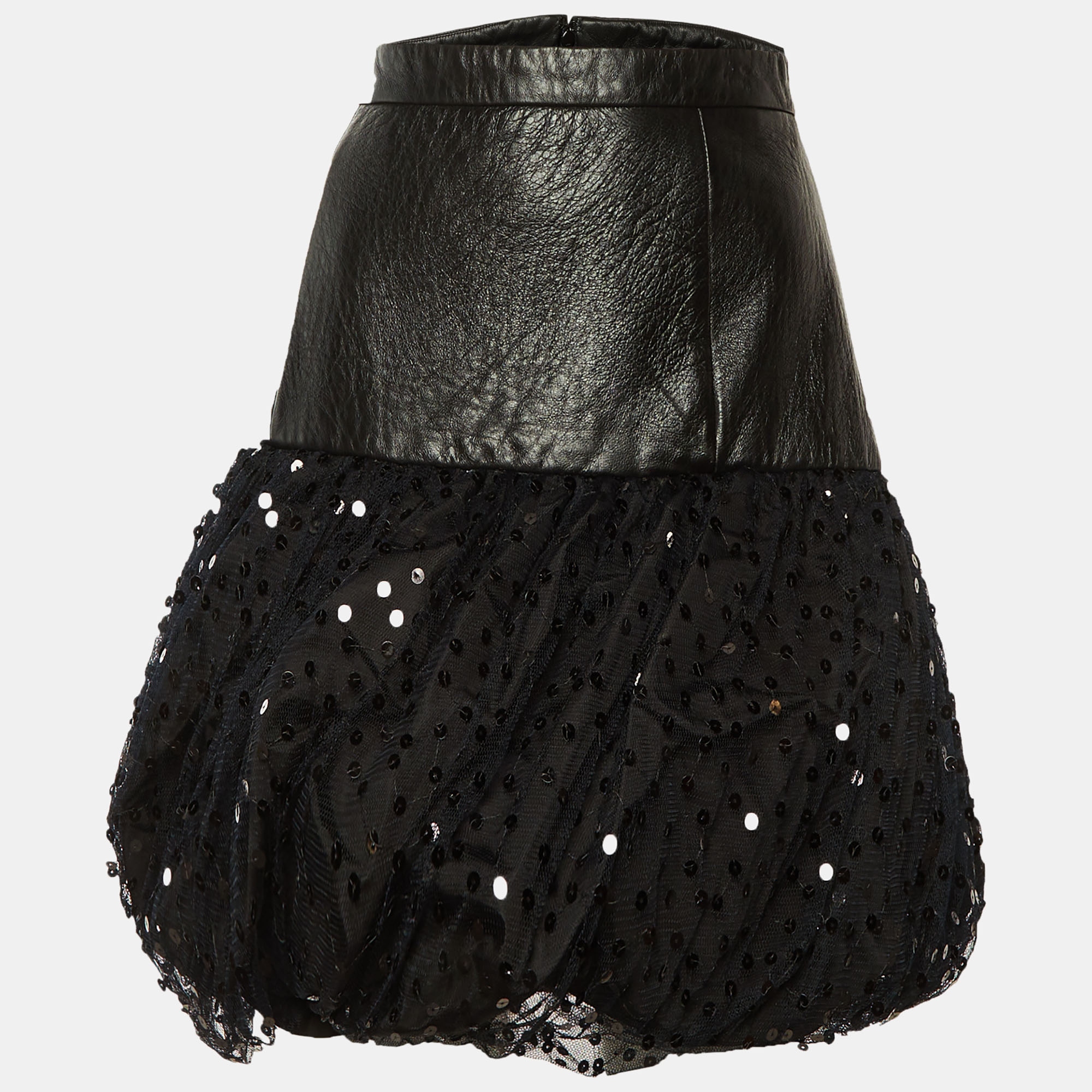 Saint Laurent Black Leather & Sequin Tulle Mini Skirt L, Skirts - Luxury Closet