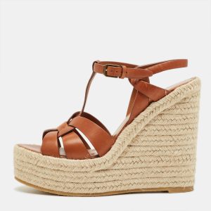 Saint Laurent Brown Leather Tribute Espadrille Wedge Sandals Size 39.5, Sandals - Luxury Closet