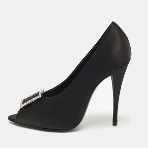 Saint Laurent Franky Size 38.5 Black Satin Peep Toe Pumps, Pumps - Luxury Closet