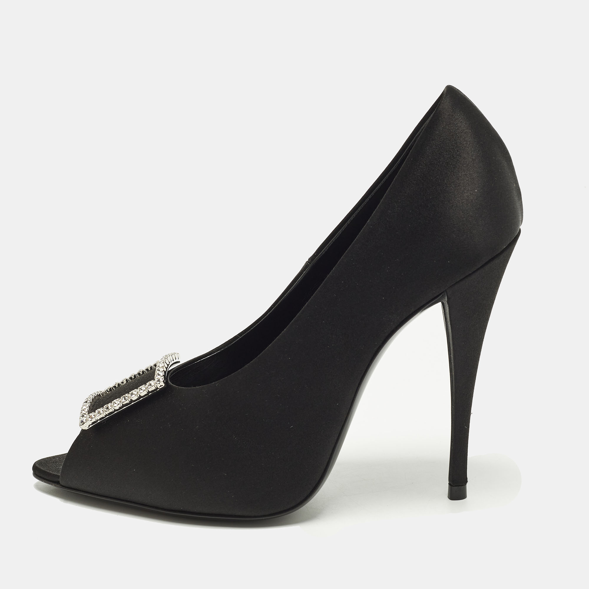 Saint Laurent Franky Size 38.5 Black Satin Peep Toe Pumps, Pumps - Luxury Closet