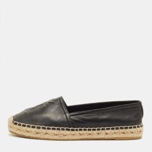 Saint Laurent Cassandre Size 36.5 Black Leather Espadrille Flats, Flats - Luxury Closet