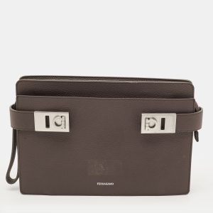 Salvatore Ferragamo Hug Dark Beige Leather Clutch, Clutches & Special Occasion Bags - Luxury Closet