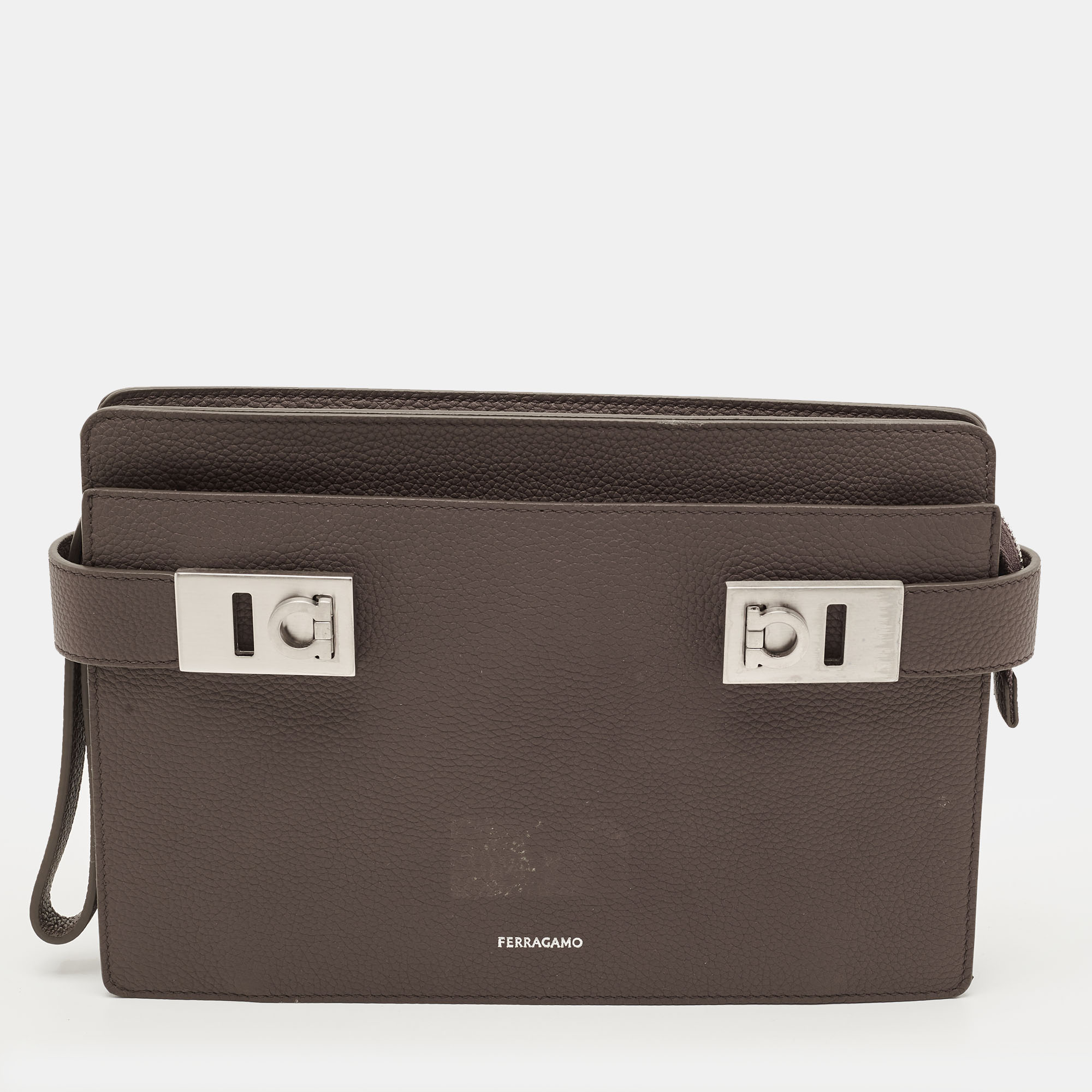 Salvatore Ferragamo Hug Dark Beige Leather Clutch, Clutches & Special Occasion Bags - Luxury Closet