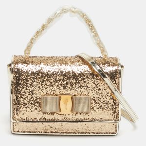 Salvatore Ferragamo Vara Bow Gold Glitter and Patent Leather Top Handle Bag, Satchels - Luxury Closet