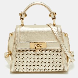 Salvatore Ferragamo Metallic Gold Leather Top Handle Bag, Satchels - Luxury Closet
