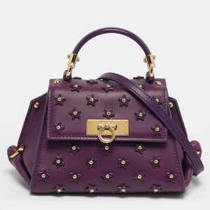 Salvatore Ferragamo Sofia Mini Purple Leather Star Embellished Top Handle Bag, Satchels - Luxury Closet