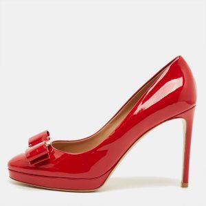 Salvatore Ferragamo Osimo Size 38 Red Patent Leather Vara Bow Pumps, Pumps - Luxury Closet