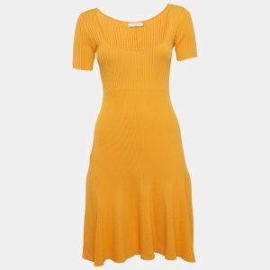 Sandro Mustard Yellow Rib Knit Midi Dress S, Dresses - Luxury Closet