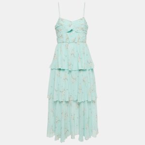 Self-Portrait Blue Floral Print Chiffon Tiered Midi Dress M, Dresses - Luxury Closet