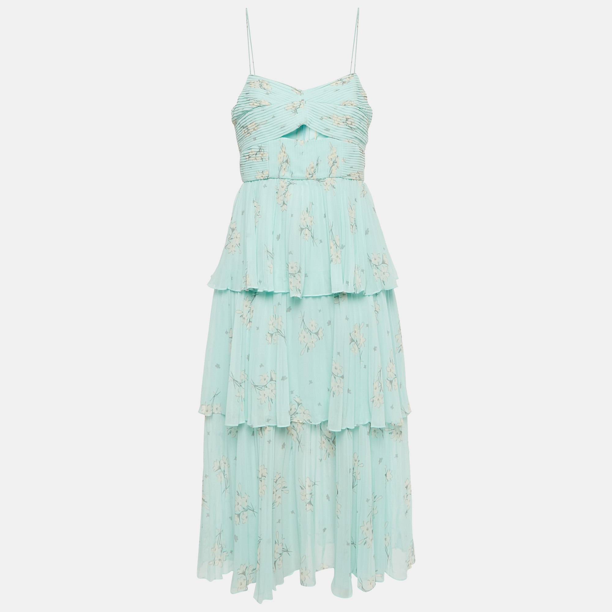 Self-Portrait Blue Floral Print Chiffon Tiered Midi Dress M, Dresses - Luxury Closet