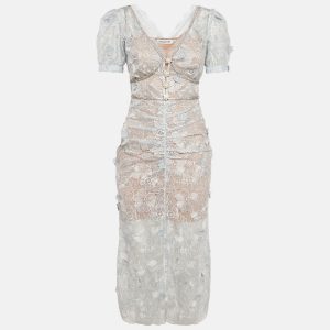 Self-Portrait Sea Blue Lace Ruched Midi Dress S, Dresses - Luxury Closet