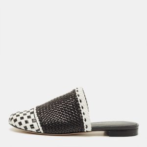 Stuart Weitzman Indiana Size 37.5 Black/White Woven Leather Mules, Sandals - Luxury Closet
