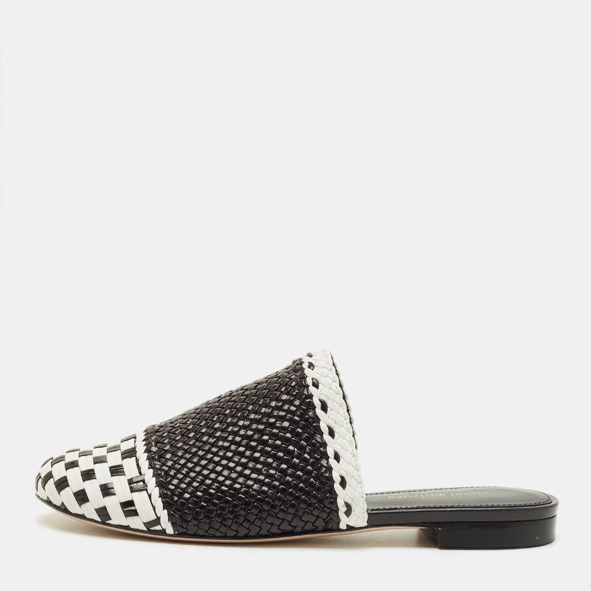 Stuart Weitzman Indiana Size 37.5 Black/White Woven Leather Mules, Sandals - Luxury Closet