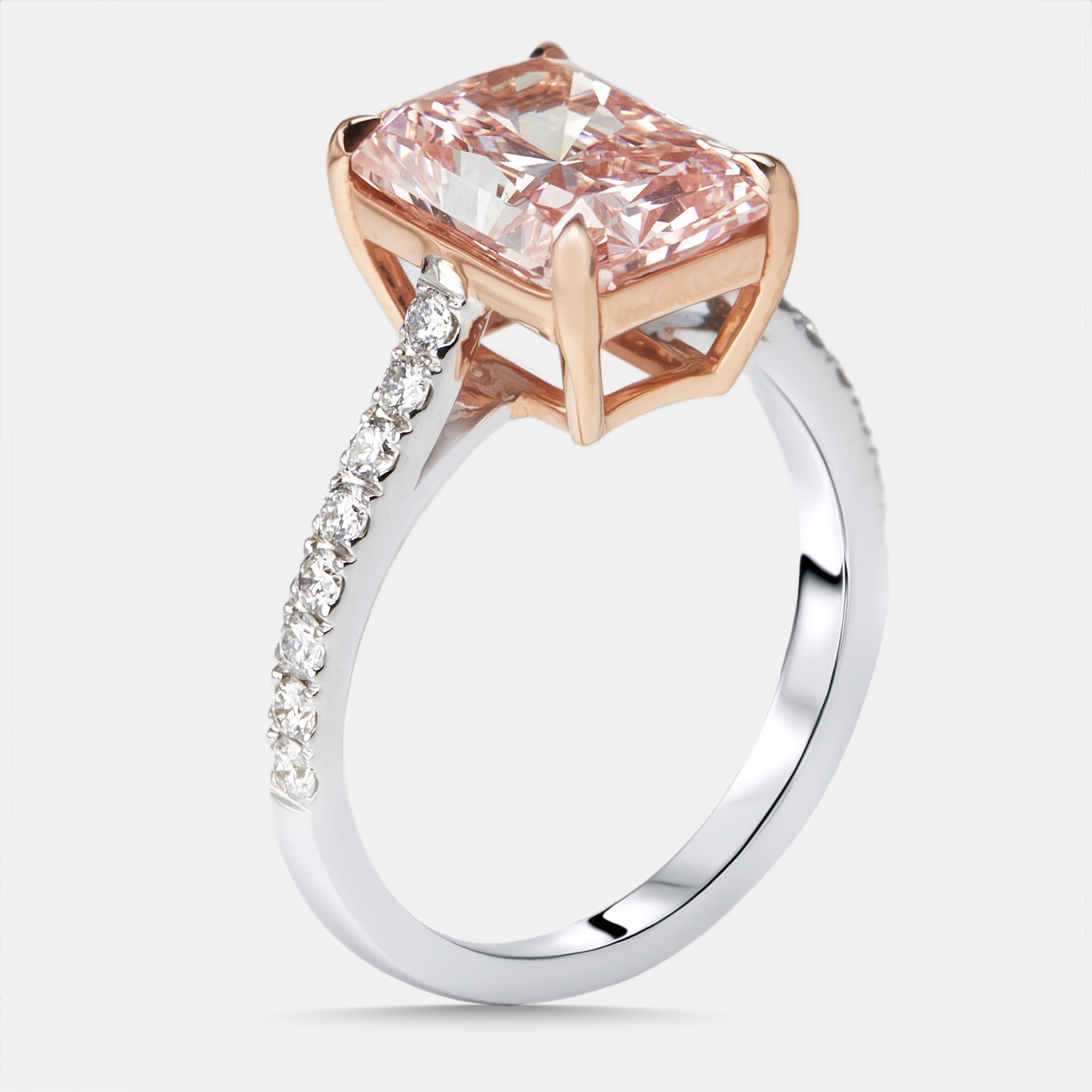 3.3 cts Pink Radiant, Round Lab Grown Diamonds 18k Two Tone Gold Ring Size 51, Rings - Luxury Closet