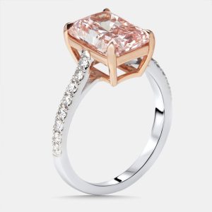 3.3 cts Pink Radiant, Round Lab Grown Diamonds 18k Two Tone Gold Ring Size 52, Rings - Luxury Closet