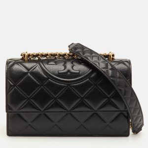 Tory Burch Fleming Small Black Leather Convertible Shoulder Bag, Shoulder Bags - Luxury Closet