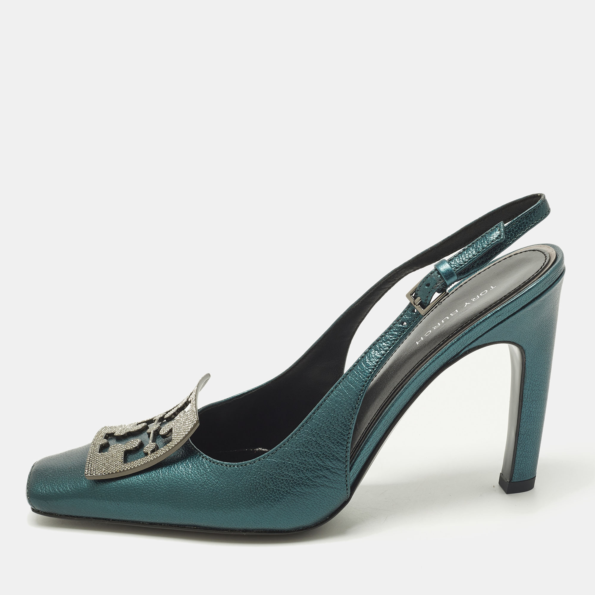 Tory Burch Pave Logo Size 37.5 Teal Green Leather Pumps, Pumps - Luxury Closet