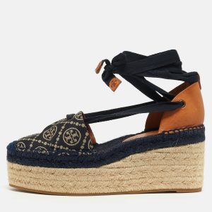 Tory Burch Size 38 Navy Blue/Beige T Monogram Canvas Espadrille Wedge Sandals, Sandals - Luxury Closet