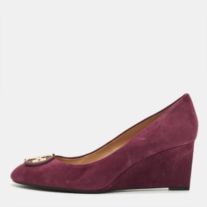 Tory Burch Luna Size 39.5 Burgundy Suede Wedge Pumps, Pumps - Luxury Closet
