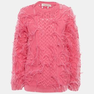 Valentino Pink Open Knit Wool Feather Trim Sweater M, Sweaters & Cardigans - Luxury Closet